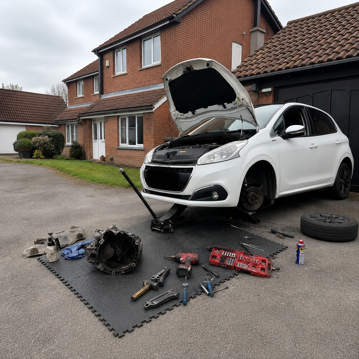 Clutch replacement being carried out on a driveway in Essex — gearbox removed, tools laid out